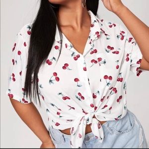 Shein White Cherry Print Short Sleeve Blouse Top